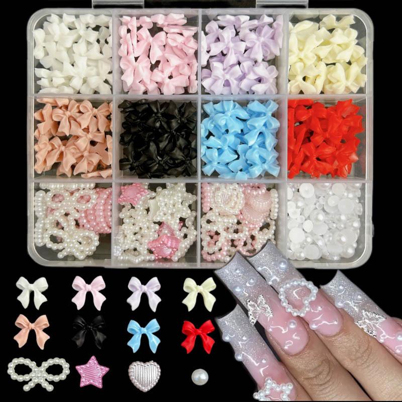 12Grids/Box Mixed Resin Bowknot Nail Art Decorations 3D Charms Kawaii Colorful Bow  Diy Manicure Tools Parts