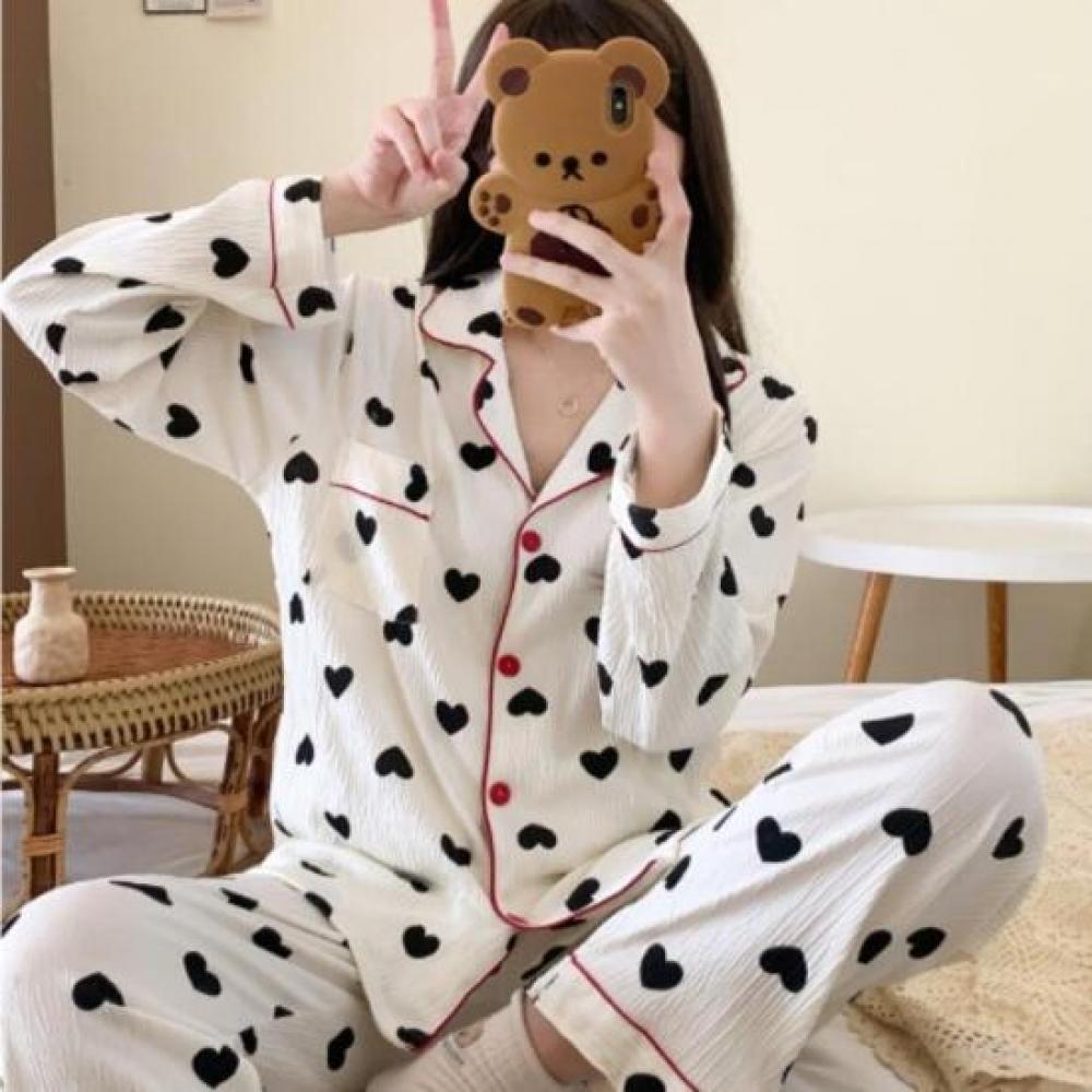 New Arrivals Open Run Gijimi Binding Kitch Long Sleeve Pants Heart Pajama 2 Pcs