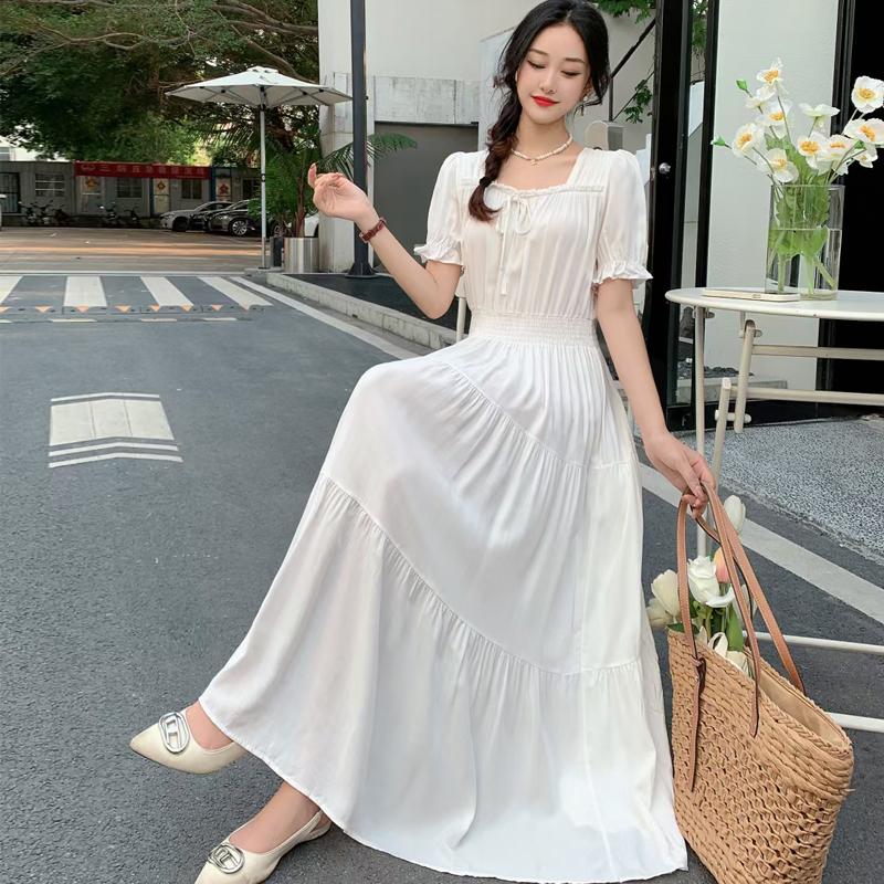 Summer Cotton Silk Floral Print Maxi Dress Bohemian Beachwear High Waist Young Women's Large Skirt Swing Dress