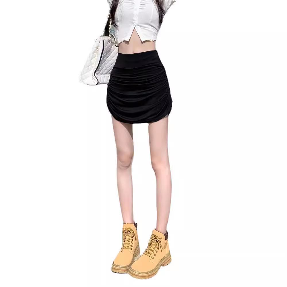 Adjustable Drawstring Black Pleated Bodycon Skirt for Women - Slimming High Waist Summer Midi Skirt 2025