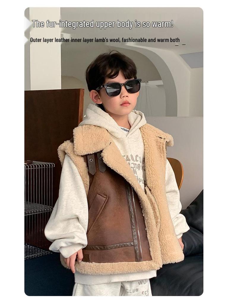 Boys' Retro Lambswool Vest - 2024 Winter Korean Style Warm Sleeveless Jacket for Small and Medium Children