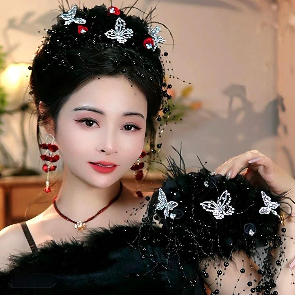 Large Bright Silk Flower & Feather Bead Tassel Hair Clip for Women's Updo