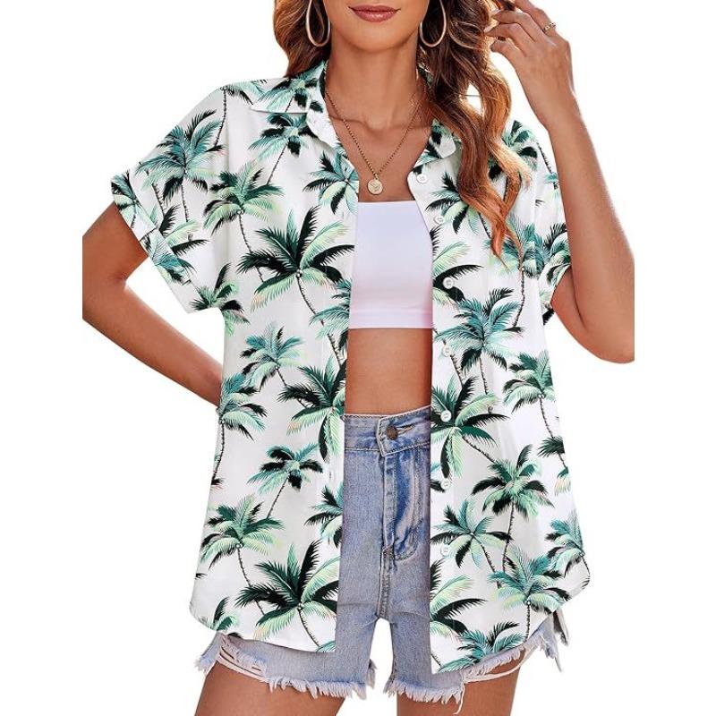 European beautiful women s Hawaiian button-down shirt, temperament commuter flower print summer versatile shirt S белый