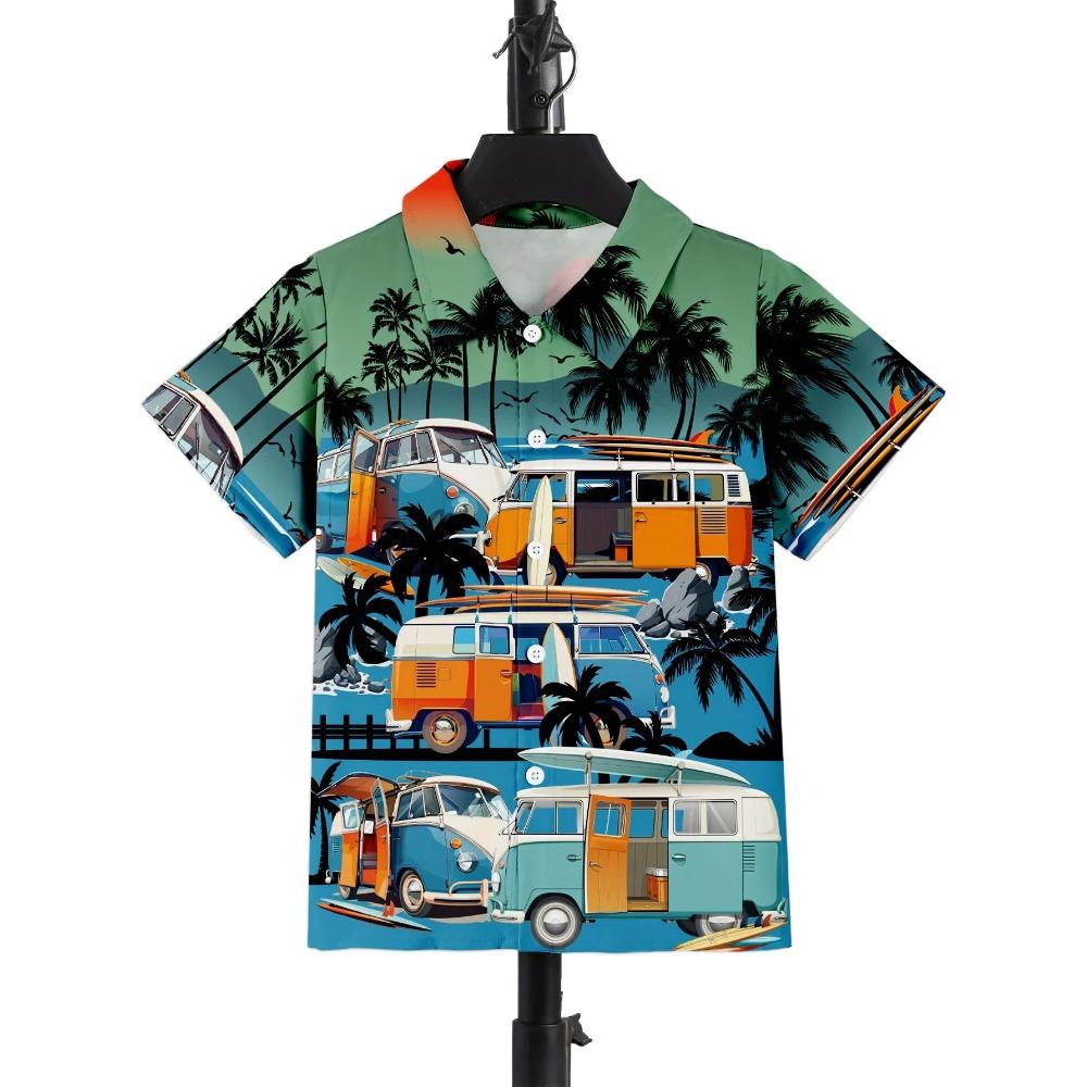 Hawaiian Beach Camping Bus Print Boys Novel Casual Short Sleeve Lapel Shirt Children Tops Clothes Comfortable Casual Wear