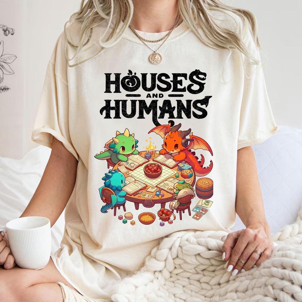 Vintage Houses and Humans D&D Shirt Retro 90s Dungeons and Dragons Tee Clothing Graphic Short Sleeve Shirt Men Women All-Season