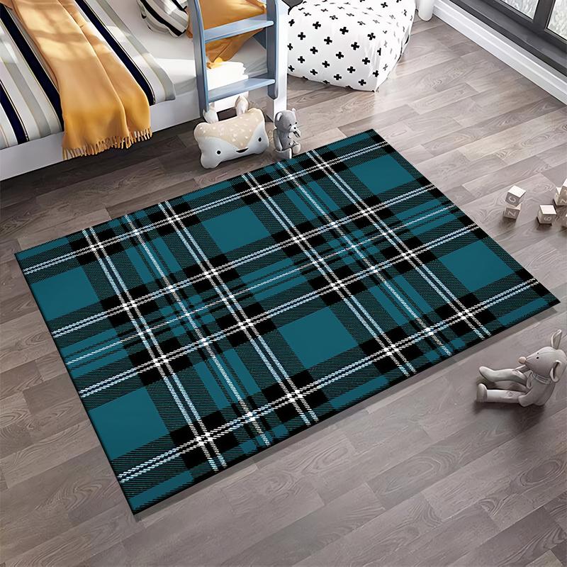 Modern Plaid Pattern Carpet, Blue and Black Decorative Area Rug Suitable for use as an anti-slip for living room bedroom sofas