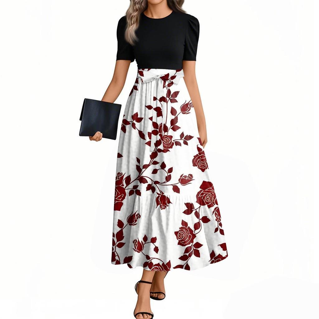 Women's Floral Print High Waist Fashionable And Elegant Dress