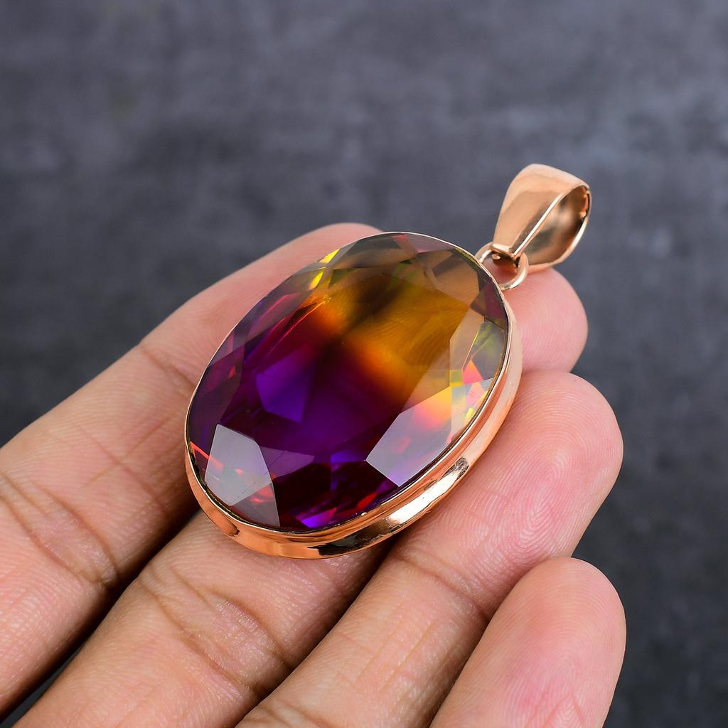 Bi-Color Tourmaline Gemstone Handmade Copper Jewelry Pendant 2.21" I5z76
