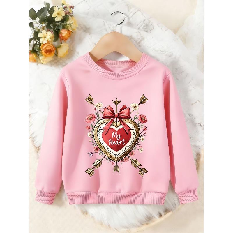 Unisex Kids Crewneck Sweatshirt, My Heart Bow Arrow Floral Vintage Print Pullover, Boys Girls Valentine Casual Sweatshirt For Kids Over 4 Years Old