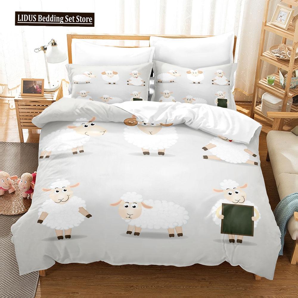 Cartoon Goat Duvet Cover Set Cute Kawaii White Goat White Background King Queen Size For Girls Boys Gift Polyester Bedding Set