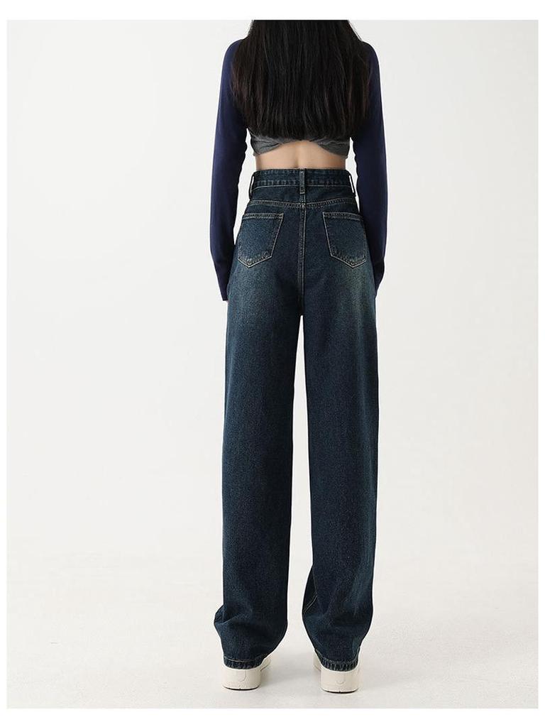 Women's Plus Velvet High Waist Wide Leg Jeans - Floor Length, Warm, Thickened, Straight Leg, with Pockets for Pear Shape.