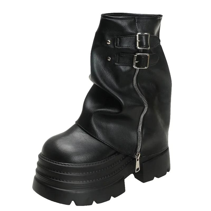 Fashion 10CM Women High Platform Ankle Boots Autumn Winter Gothic Style Shoes Buckle Punk Motorcycle Boots Round Toe Chunky Sneakers