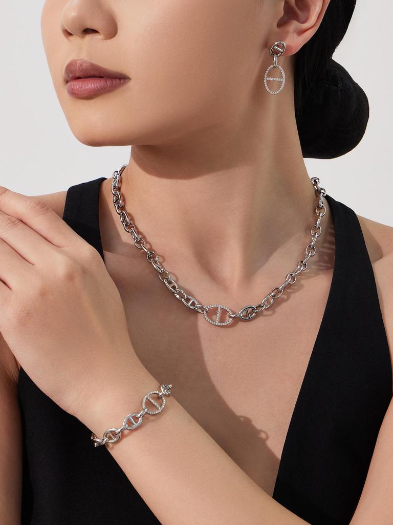 Stainless Steel Pig Nose Zircon-Inlaid Jewelry Set: Necklace, Bracelet, Earrings