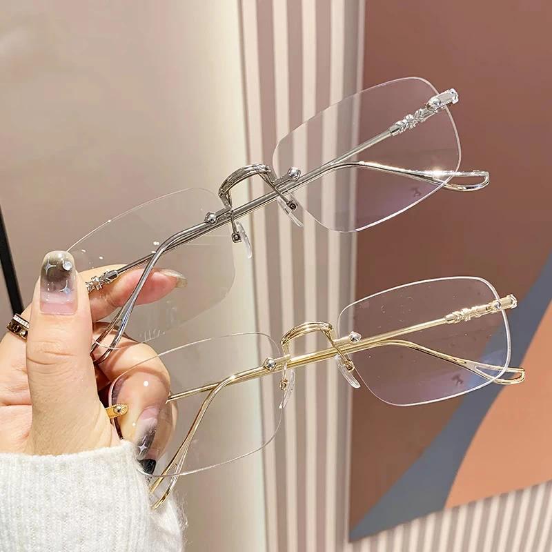 New Fashion Frameless Eyeglasses For Women Men Silver Rectangle Anti Blue Light Glasses Small Square Frame Harajuku  Glasses
