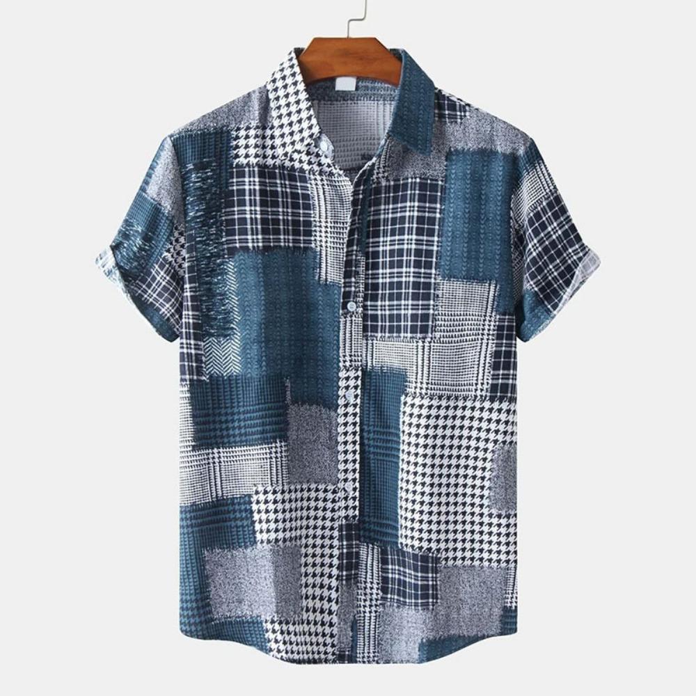 Vintage Splicing Pattern Hawaiian Shirt For Men Colorful Square 3D Printed Short Sleeve Blouse Casual Button Loose Aloha Shirts