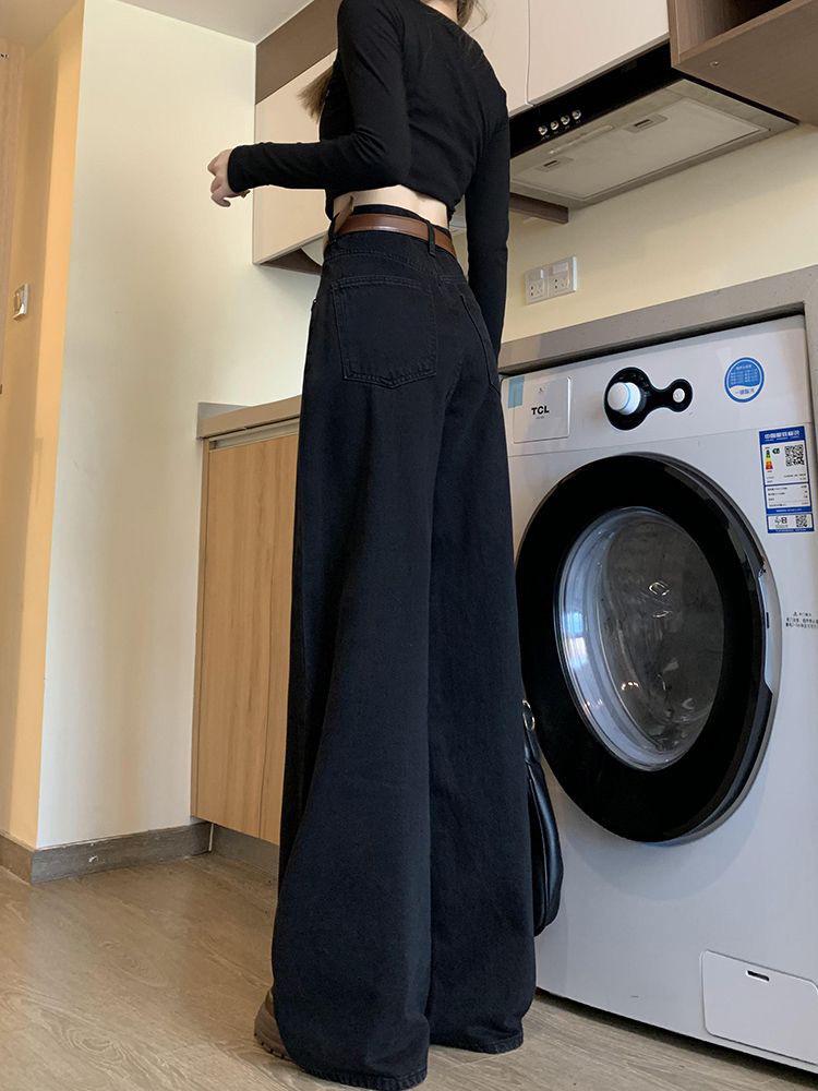

Весенние Ретро Черные Джинсы с Завышенной Талией и Широкими Штанинами для Женщин - Стройнящие, Свободные, Прямые, Длинные Брюки Medium (M) чёрный
