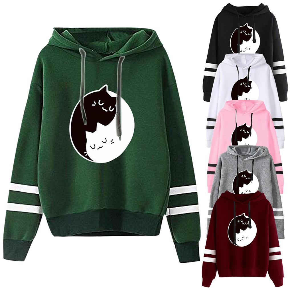 Women's  New Cat Loose Hooded Printed Pullover Long Sleeve Top