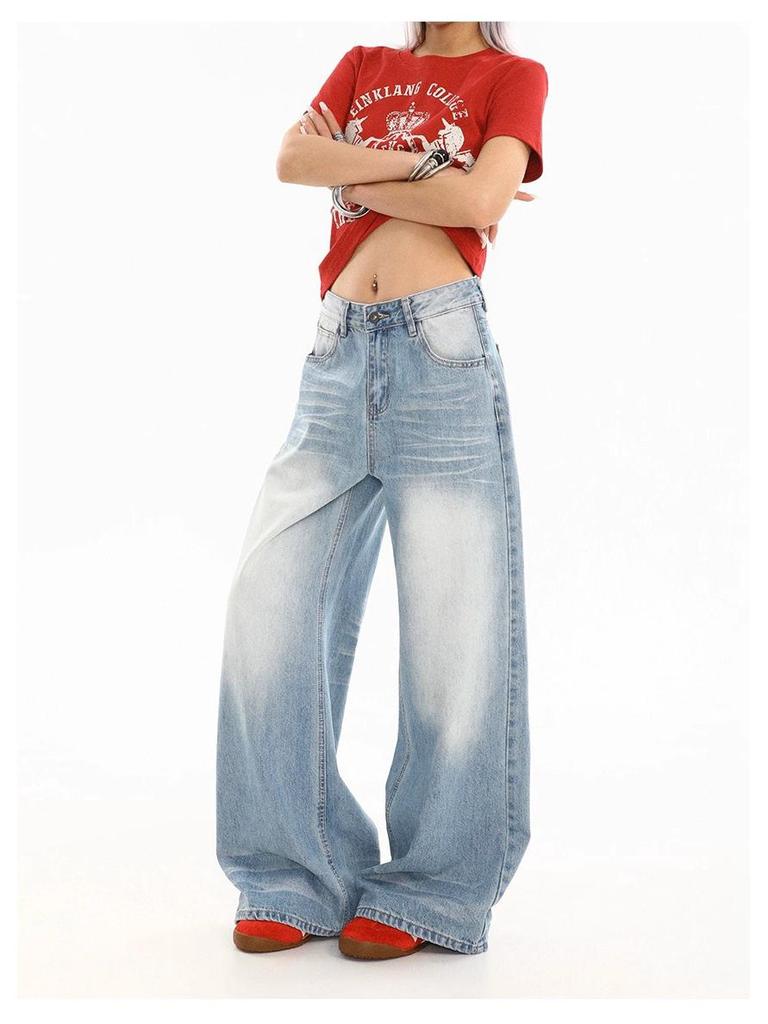 Jeans de Verano para Mujer Azul Medio Lavado Retro Desgastado Pierna Recta Pierna Ancha