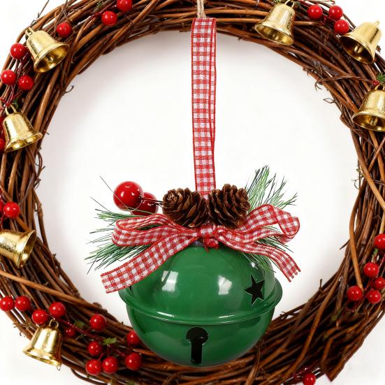 Christmas Bell Ornaments with Pinecones Berries Plaid Bow Rustic Metal Jingle Bells Xmas Tree Hanging Decor for Holiday Door Window Tree Party Decor