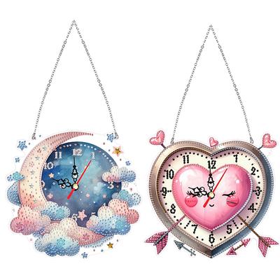 2Pcs 2D Flat DIY Diamond Painting Clock Pendant Irregular Shaped Drilling 5D Hanging Clock Art Craft for Living Room Decoration
