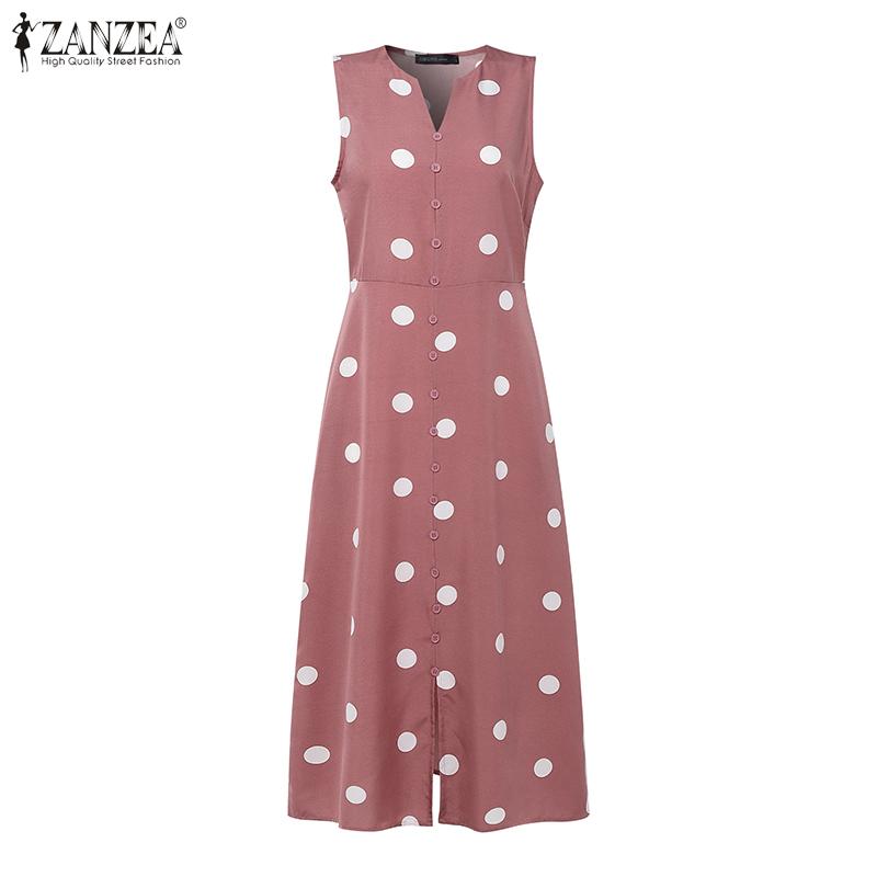 ZANZEA Women Vacation Casual V-Neck Sleeveless Polka Dot A-Line Slit Dress