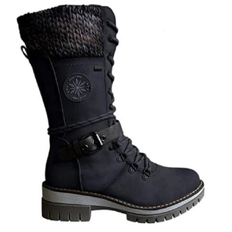 European and American Foreign  New Front Lace-up Middle Tube Square Heel Round Head Knight Boots Women's Cross-border Belt Buckle Thick Bottom Thin