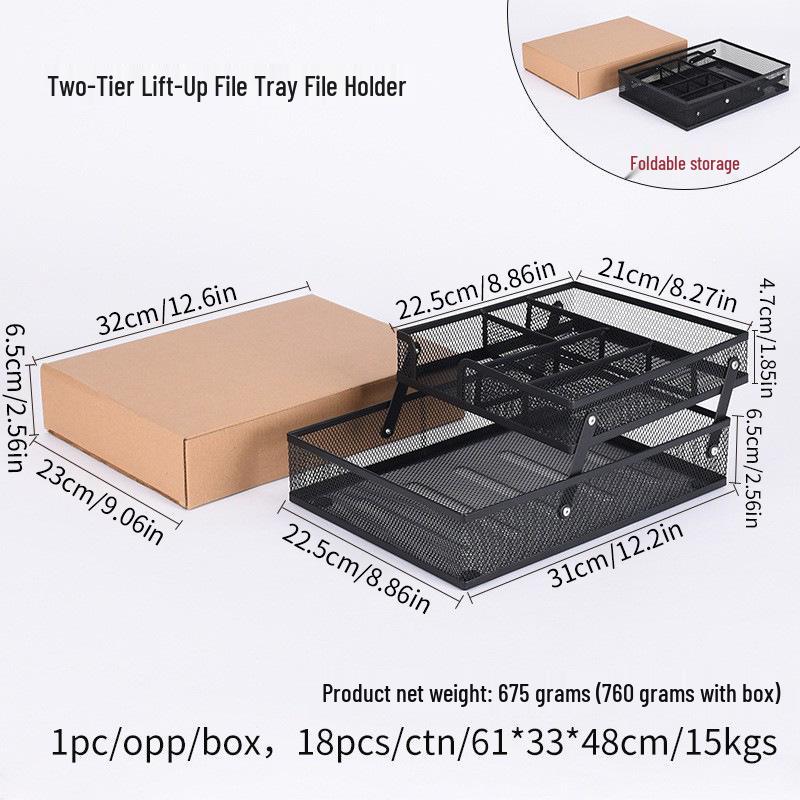 Metal Double-layer File Holder Foldable Office Storage Rack Wrought Iron A4 Paper Organizer.