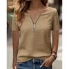 Fashionable and Elegant Zipper V-neck Color Blocked Printed T-shirt, Plus Size Women's Short Sleeved Summer Loose T-shirt