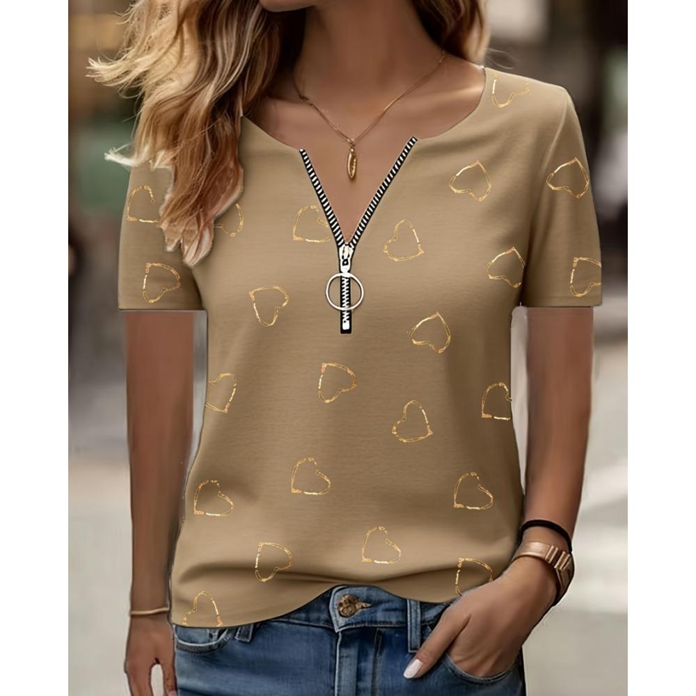 Fashionable and Elegant Zipper V-neck Color Blocked Printed T-shirt, Plus Size Women's Short Sleeved Summer Loose T-shirt