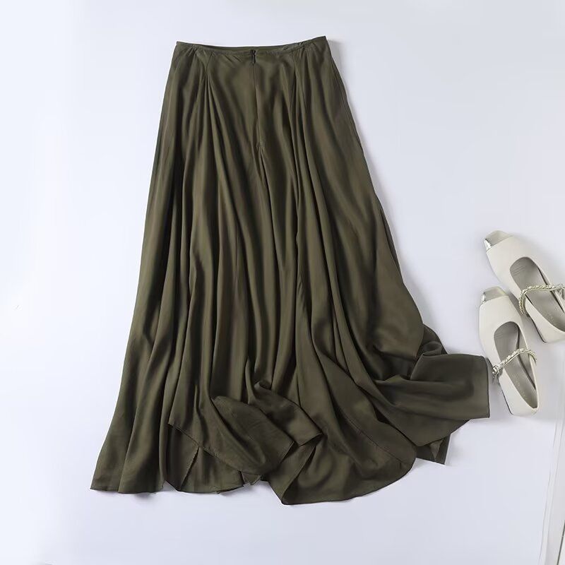 

MD Women clothes Art Department Irregular Design Skirt Draping Effect Linen Mid-Length Skirt 05266588500 Dark green L
