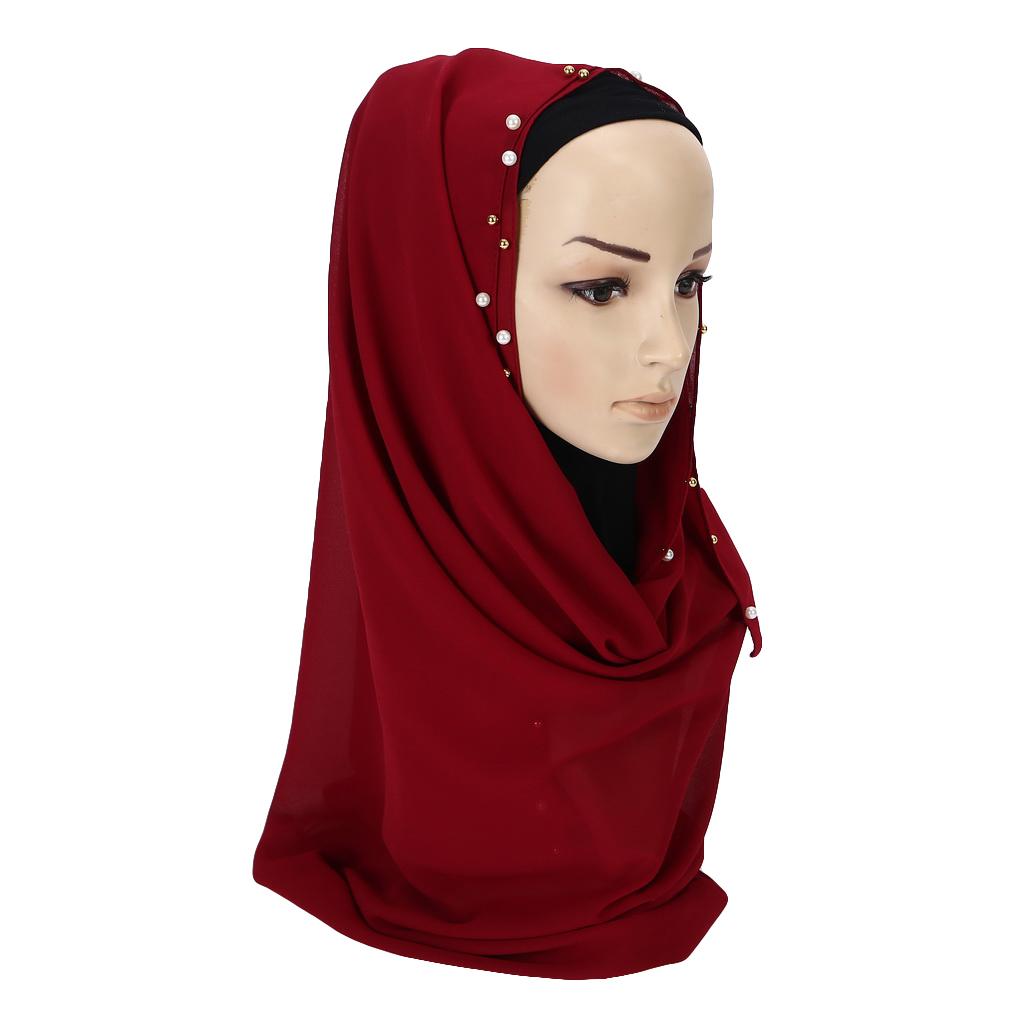 Women's Solid Chiffon Pearl Scarf, Elegant Beaded Hijab Shawl, Muslim Headscarf for Daily/Party