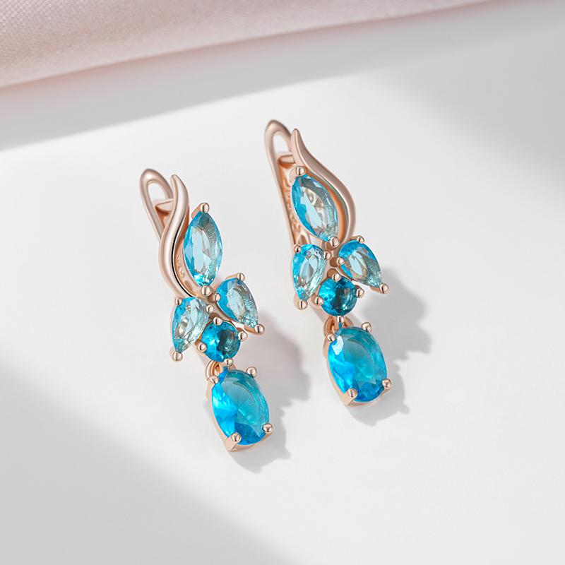 Water Blue Zircon Dangle Earrings For Women Rose Gold Color Long Earrings Fine Jewelry Gift