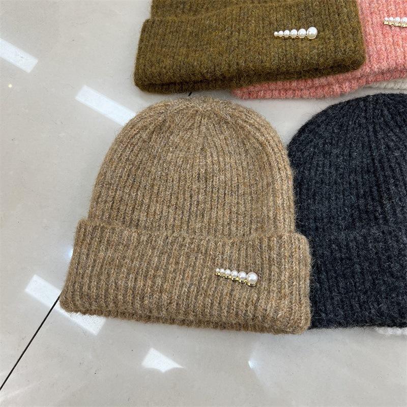 Fashion Pearl Decorative Wool Blended Wool Hat Women's Autumn and Winter Warm Simple Vertical Striped Knitted Cold Hat