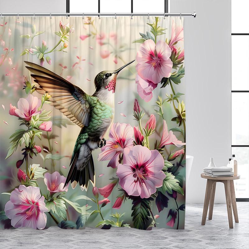 Hummingbird Shower Curtain Watercolour Floral Purple Lavender Butterfly Plant Polyester Fabric Bathroom Curtain Decor With Hooks