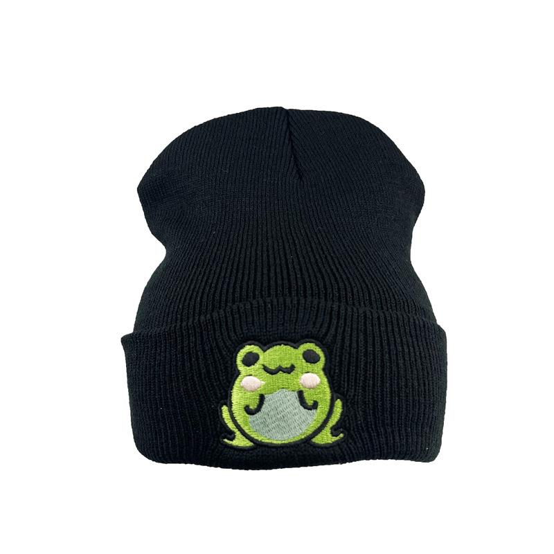 Unisex Cute Cartoon Frog Embroidery Jacquard Knitted Acrylic Common Hat for Adults-Student Pullover Warm Cold Weather