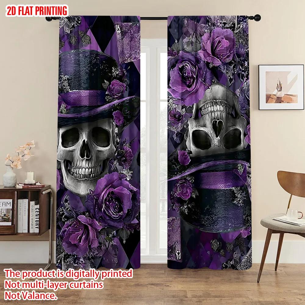 2pcs plane printing Curtains a Skull with Top Hat And Roses Versatile 100% Polyester (without rod) Home Decor Use for Season