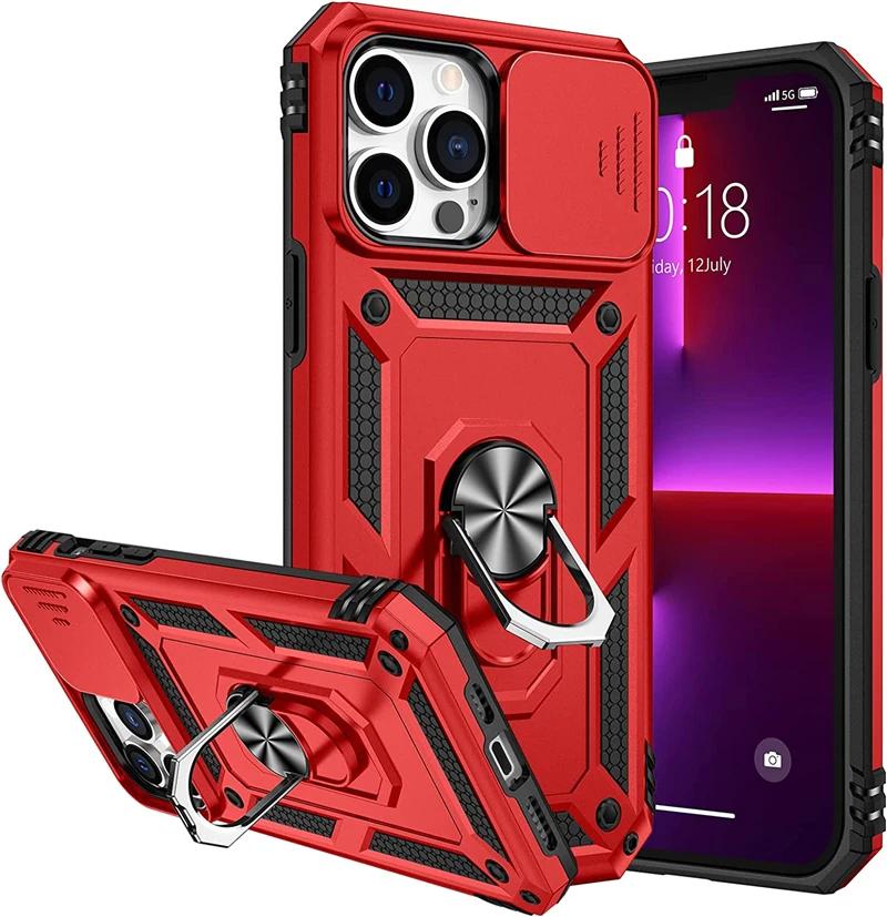 

Чехол-подставка Military Grade Armor для iPhone 16 15 14 13 12 11 Pro Max Plus 15Pro i15 Магнитный автомобильный держатель с выдвижной крышкой камеры For iPhone 11Pro Max красный