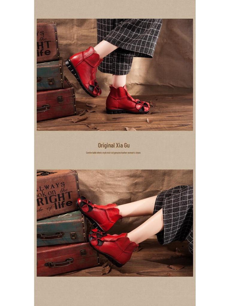 Damen Retro Leder Martin Kurzstiefel: Dicksohlige, dickabsatzige Stiefel mit Reißverschluss hinten für Herbst/Winter