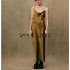 Spring New Women's Clothing Pleated Drape Effect Collar with Belt Silk Satin Texture Midi Skirt Sling Dress 2303331