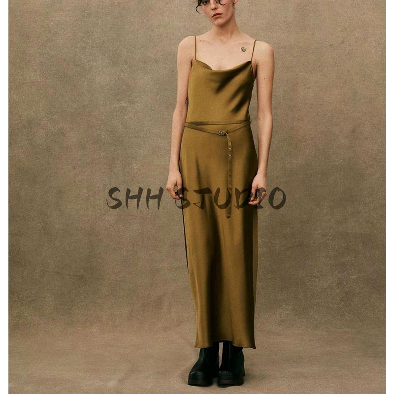 Spring New Women's Clothing Pleated Drape Effect Collar with Belt Silk Satin Texture Midi Skirt Sling Dress 2303331