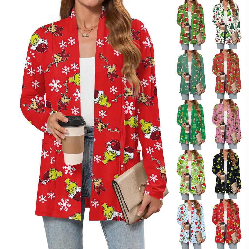 Women's Christmas Printed Lightweight Cardigan Long Sleeved Casual Loose Thin Fit With Pockets Cardigan Jacket