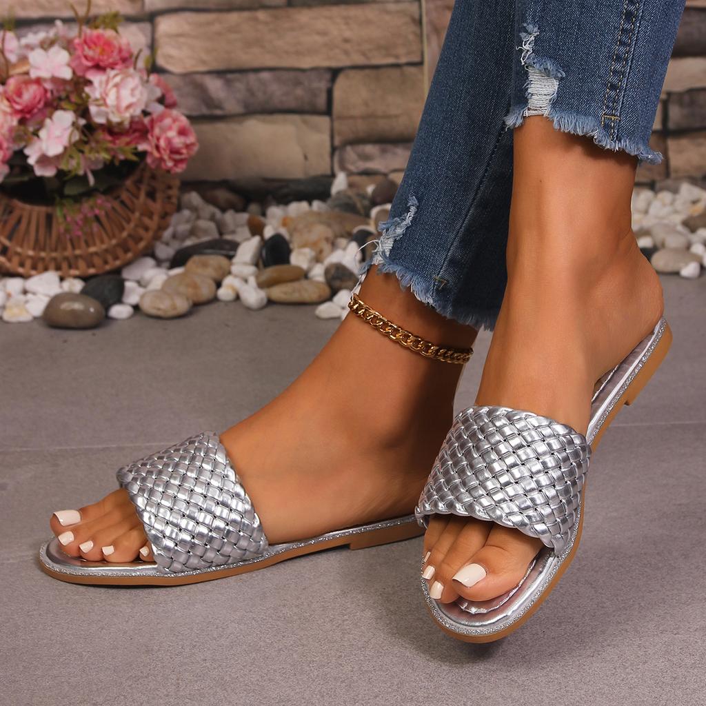 Fashion Women Slippers Summer Sexy Braided Square Toe Flat Shoes Indoor Home Slippers Fashion Beach Mules Casual Sandals Slides Women