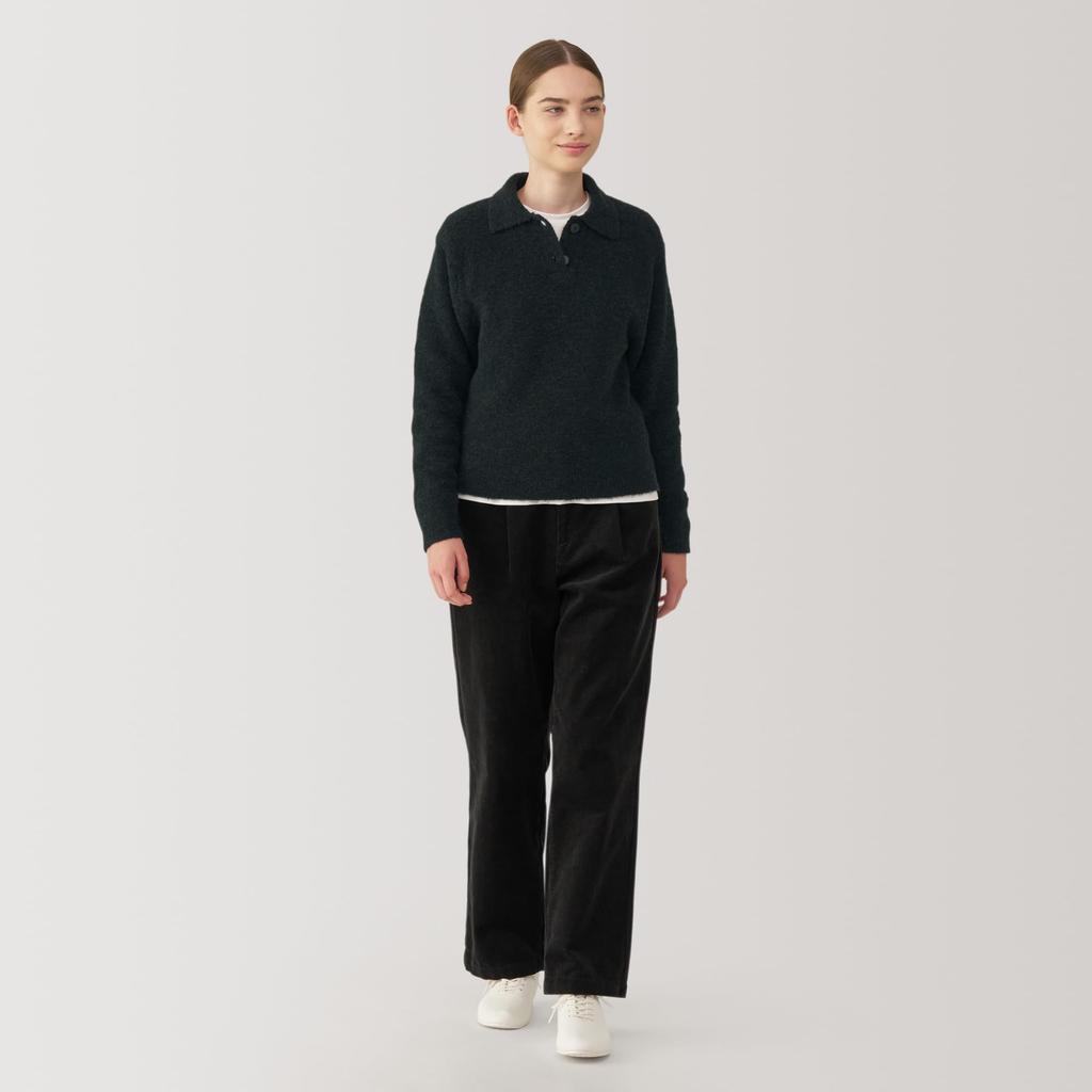 MUJI Women's Wool-Blend Boucle Polo Sweater, Dark Gray, Size XL, BA1P7A4A