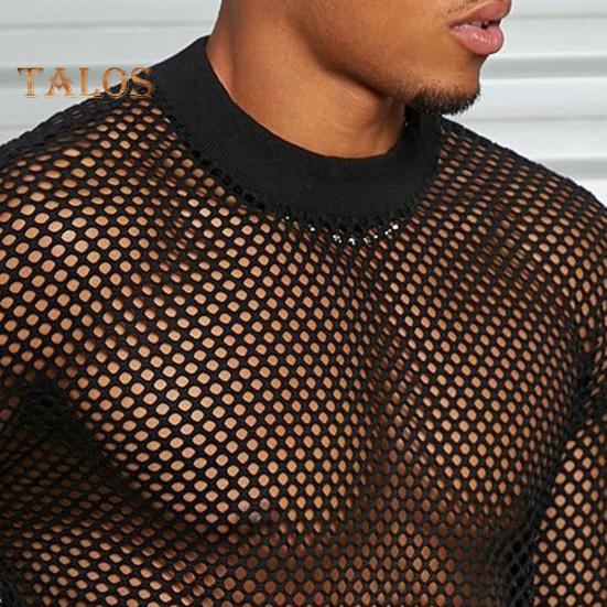 Men Mesh Top Ultra Thin See-through O Neck Long Sleeves Solid Color Stretchy Loose Fit Muscle-Enhancing Party Homewear Club Dance Performance T-shirt