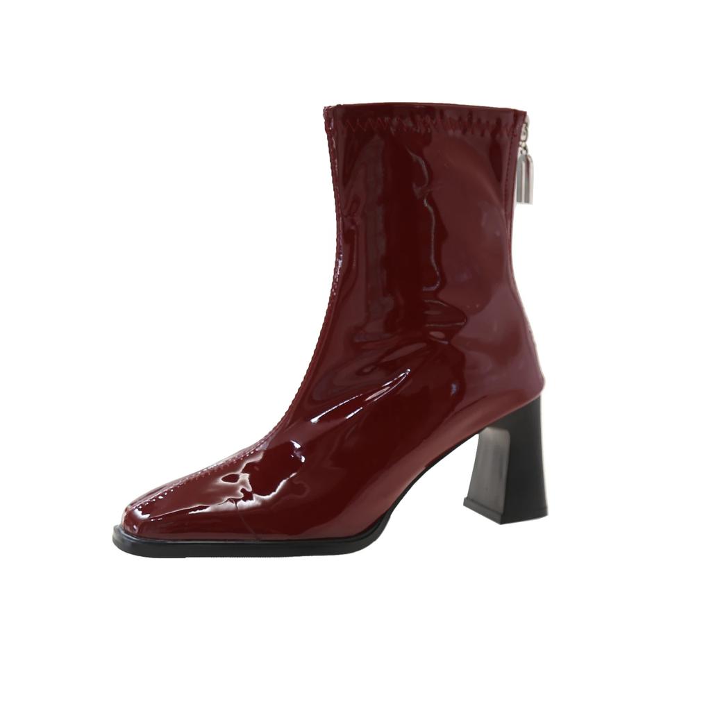 Fashion 2025 Autumn and Winter New High-end High-heeled Booties Women's Block Heel Square Toe White Skinny Boots