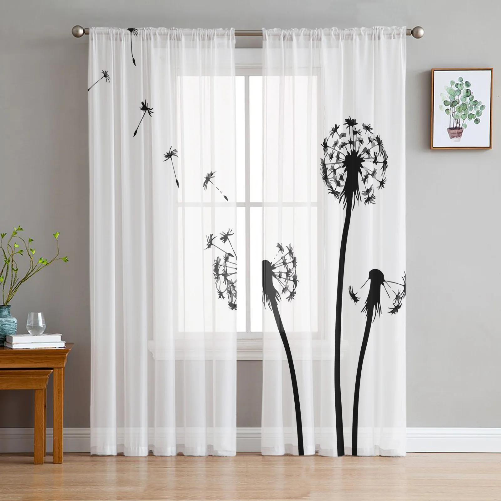 

Dandelion Flowers Black White Sheer Drapes Ideal for Living Room Ornamentation Netting Voile Organza Window Curtains for Kitchen Bedroom W135 x H115cm x1&Rod Pocket