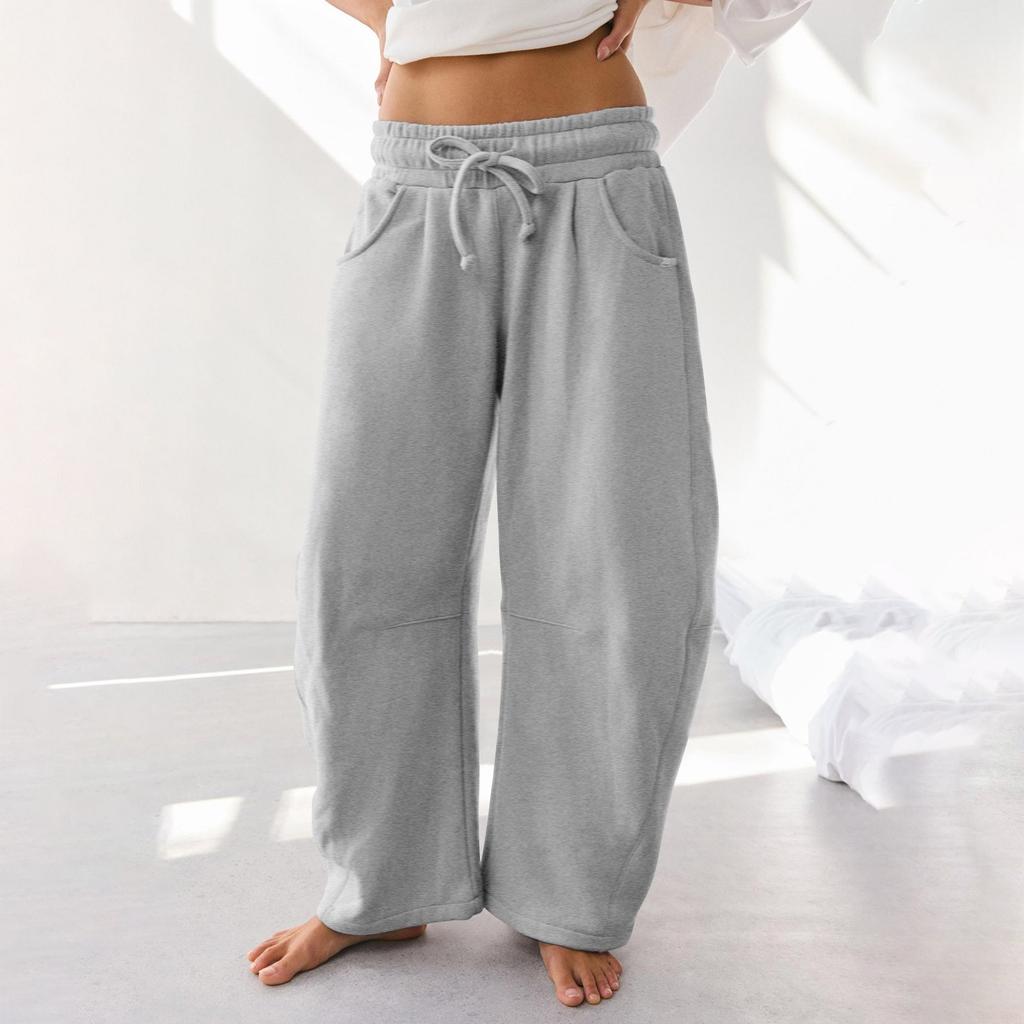 Women's Barrel Leg Sweatpant Drawstring Elastic Waisted Wide Leg Pants Casual Cotton Palazzo Trousers With Pockets
