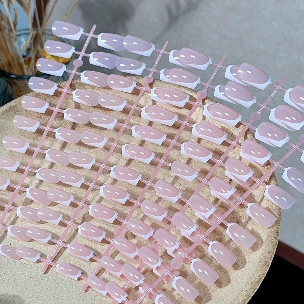 120Pcs Fashion White Edge Press On Nails Square Shape Medium Length False Nails Nude Pink Glossy Finish Fake Nails