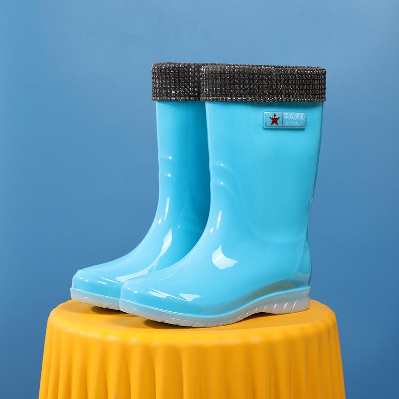 Women's Rain Shoes Medium and High Tube Waterproof and Wear-resistant Work Rubber Shoes Removable and Velvet Adult Outer Wear Casual Women's Rain Boot