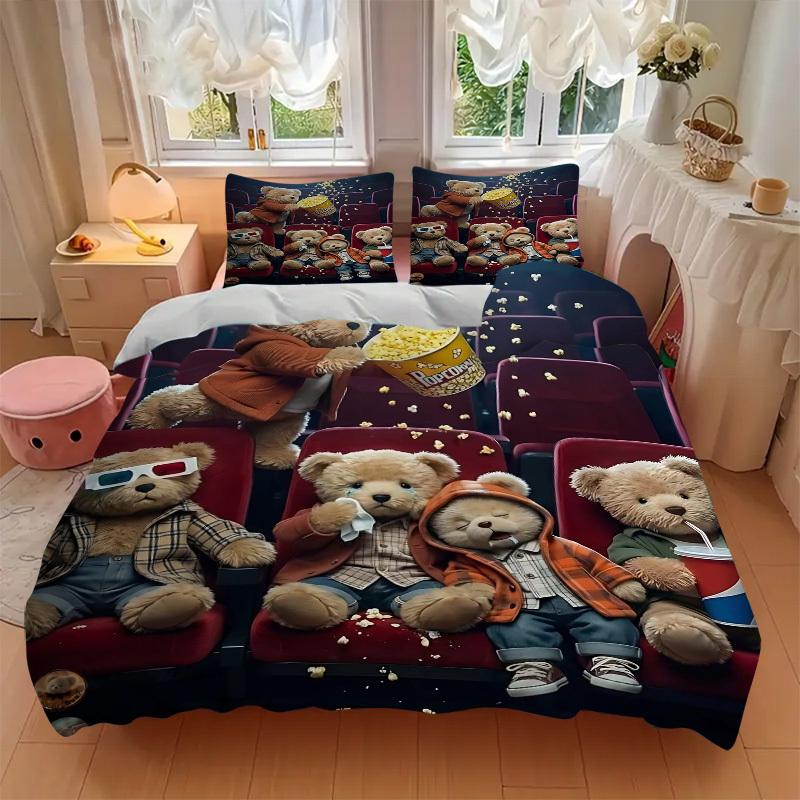 3pcs Anime Teddy Bear Popcorn Movie Night Bedding Set - Includes One Quilt Cover and Two Pillowcases (No Core) - Perfect for Bedroom and Gue